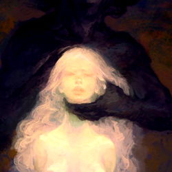 Artwork of a fantasy-themed scene with an ethereal character and a mysterious figure.